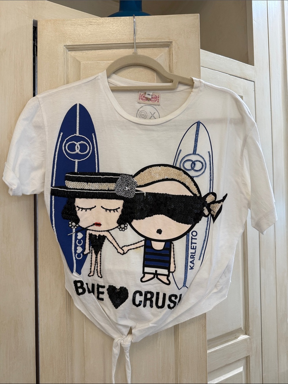 White Girls' Graphic Tie-Front Tee - Blue Accent